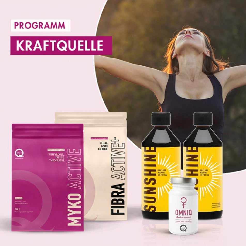 KRAFTQUELLE Programm-Set mit zwei Flaschen Sunshine, MYKO ACTIVE, FIBRA ACTIVE+ und OMNIQ woman